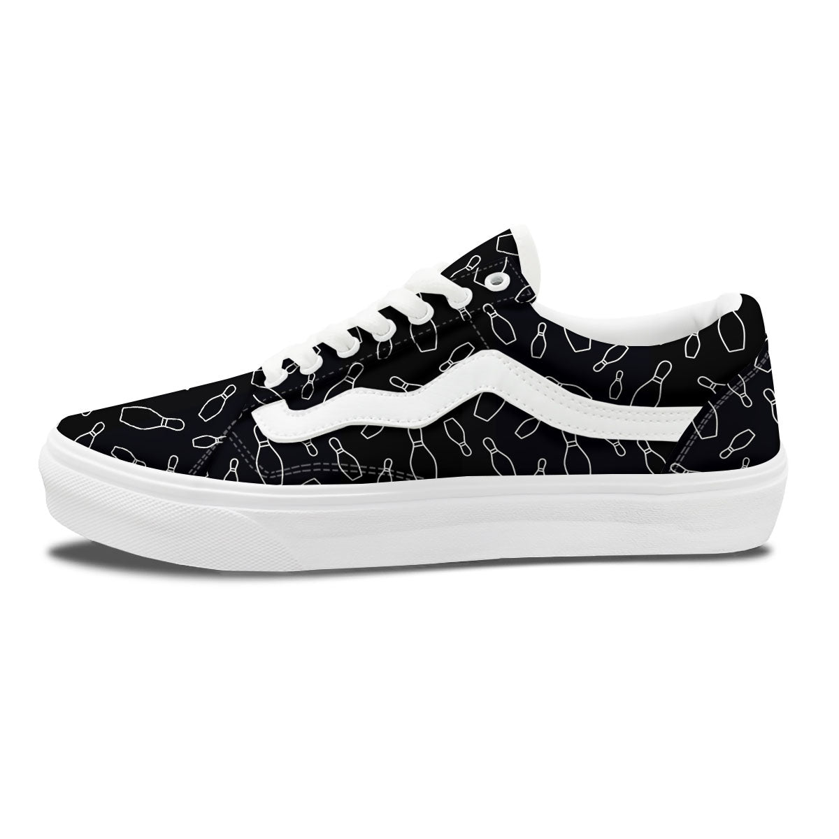 Black Bowling Pins Print Pattern Skate Shoes-grizzshop