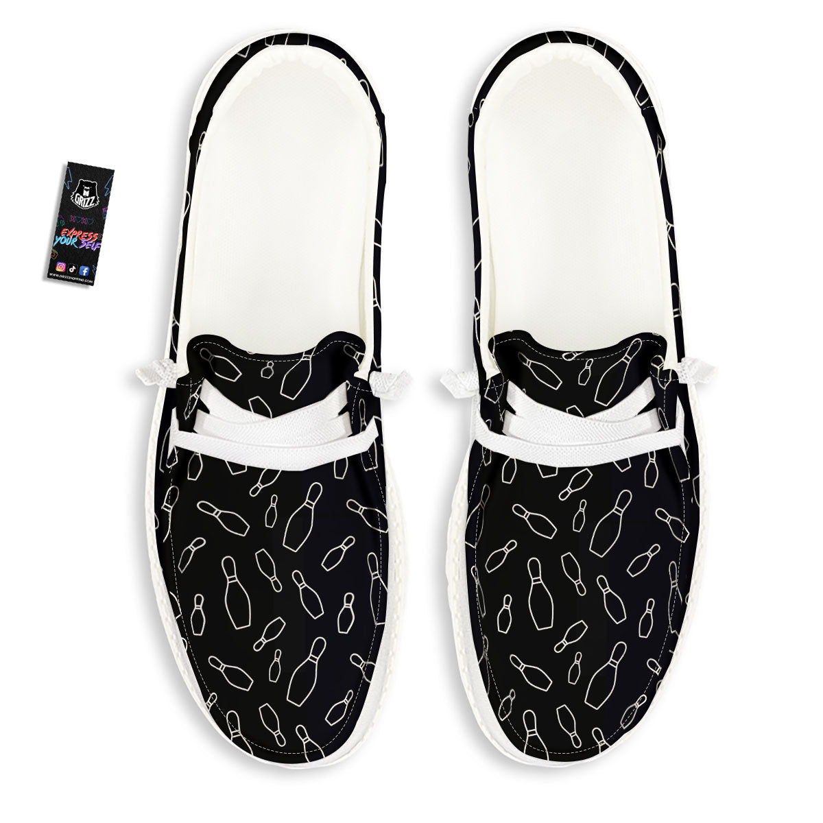 Black Bowling Pins Print Pattern White Loafers-grizzshop