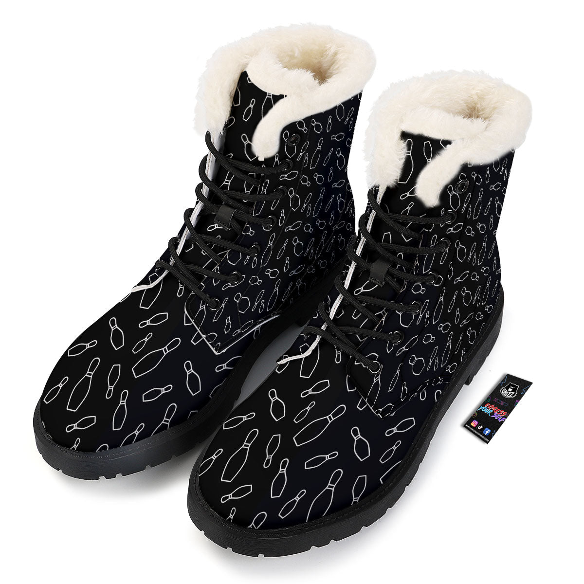 Black Bowling Pins Print Pattern Winter Boots-grizzshop