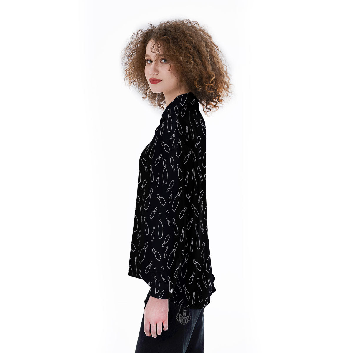 Black Bowling Pins Print Pattern Women's Long Sleeve Shirts-grizzshop