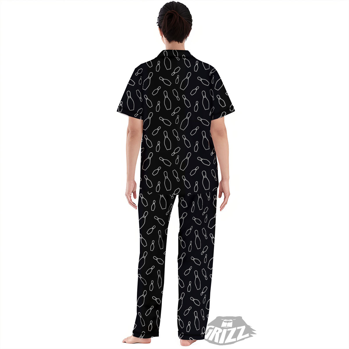 Black Bowling Pins Print Pattern Women's Pajamas Set-grizzshop
