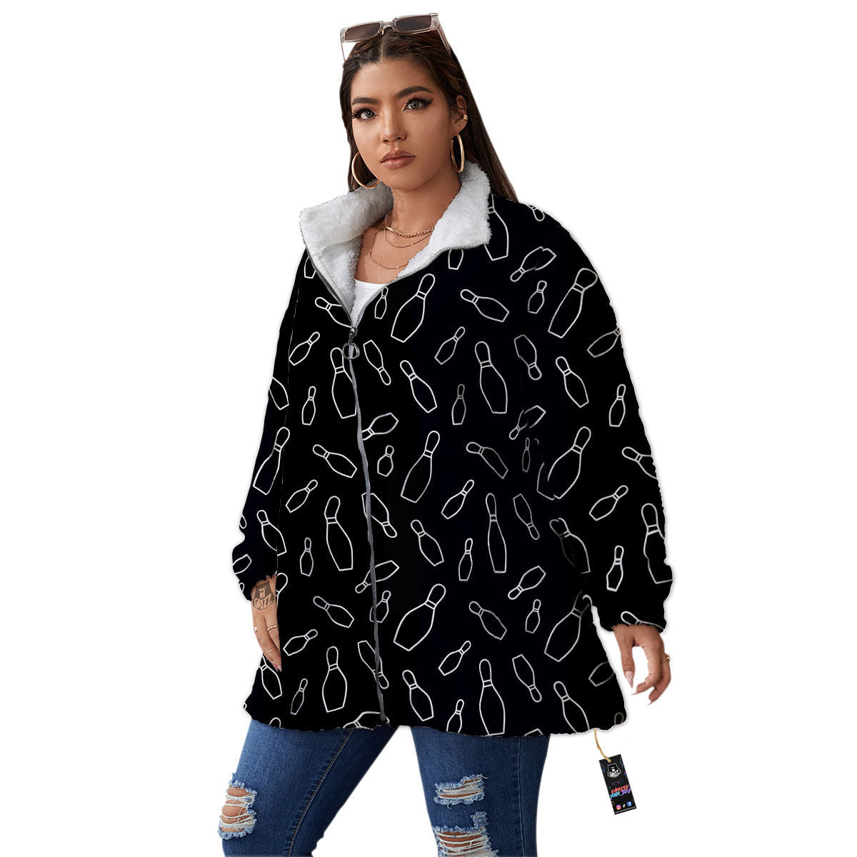 Black Bowling Pins Print Pattern Women's Sherpa Jacket-grizzshop