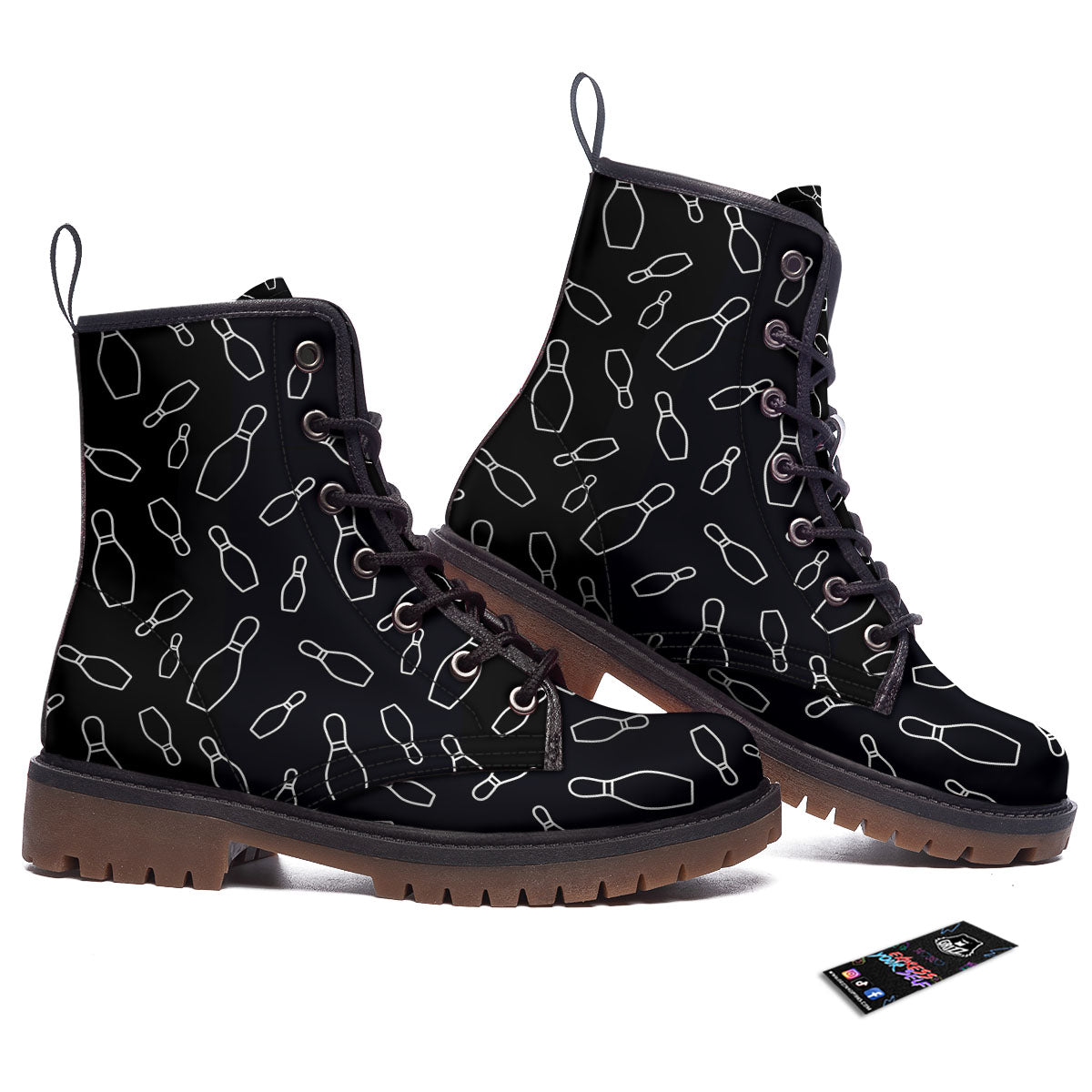 Black Bowling Pins Print Pattern Work Boots-grizzshop