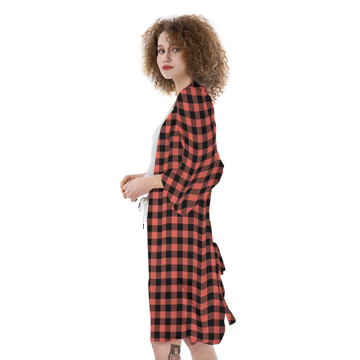 Black Buffalo Check And Coral Pink Print Kimono-grizzshop