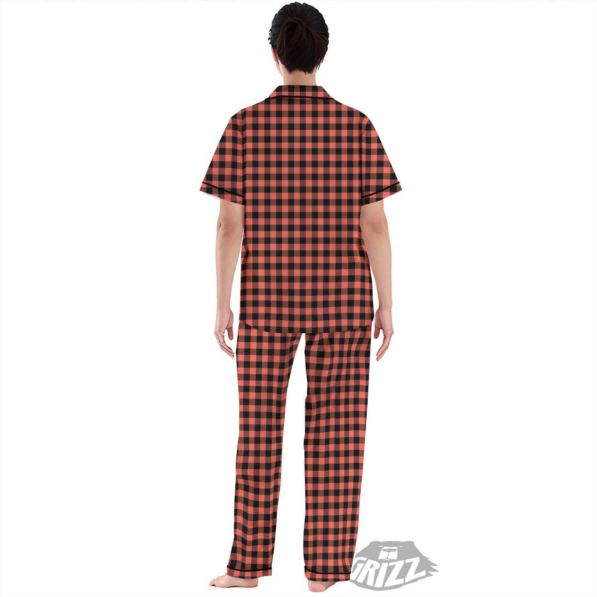 Black Buffalo Check And Coral Pink Print Women's Pajamas Set-grizzshop
