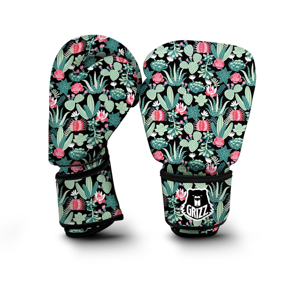 Black Cactus Pattern Print Boxing Gloves-grizzshop
