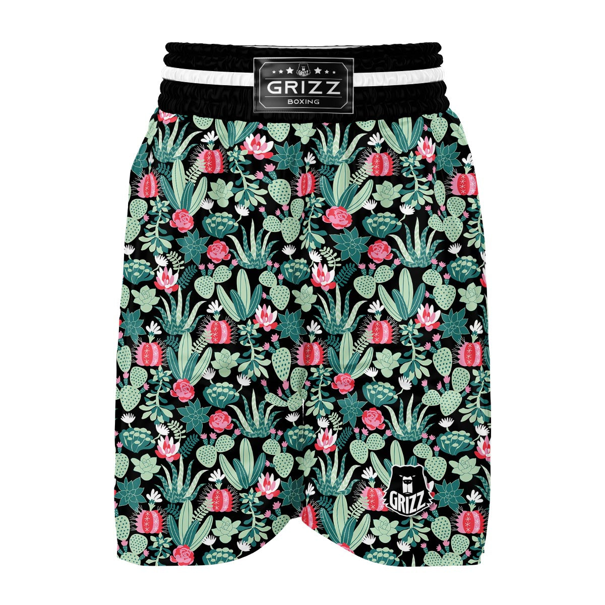 Black Cactus Pattern Print Boxing Shorts-grizzshop