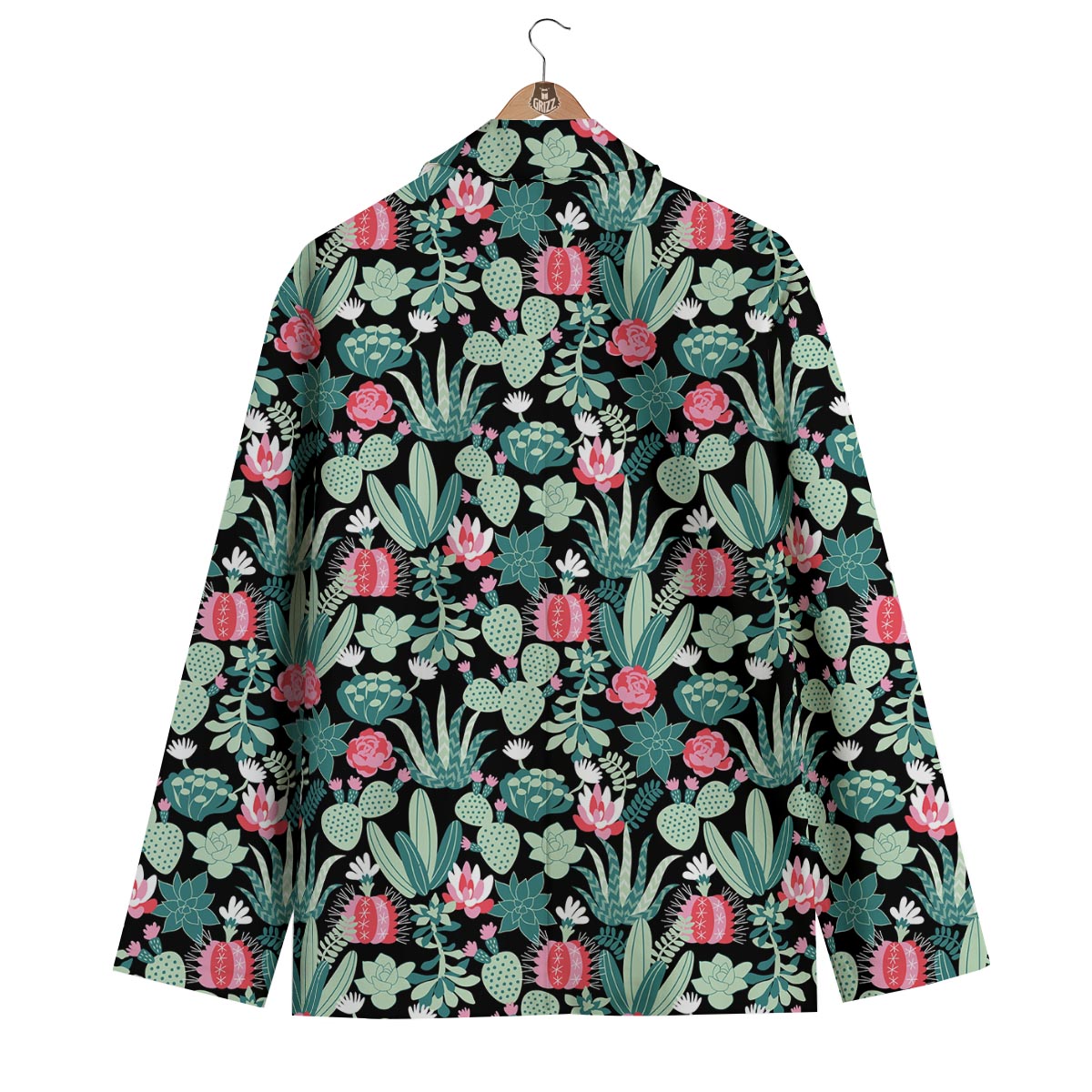 Black Cactus Pattern Print Men's Blazer-grizzshop