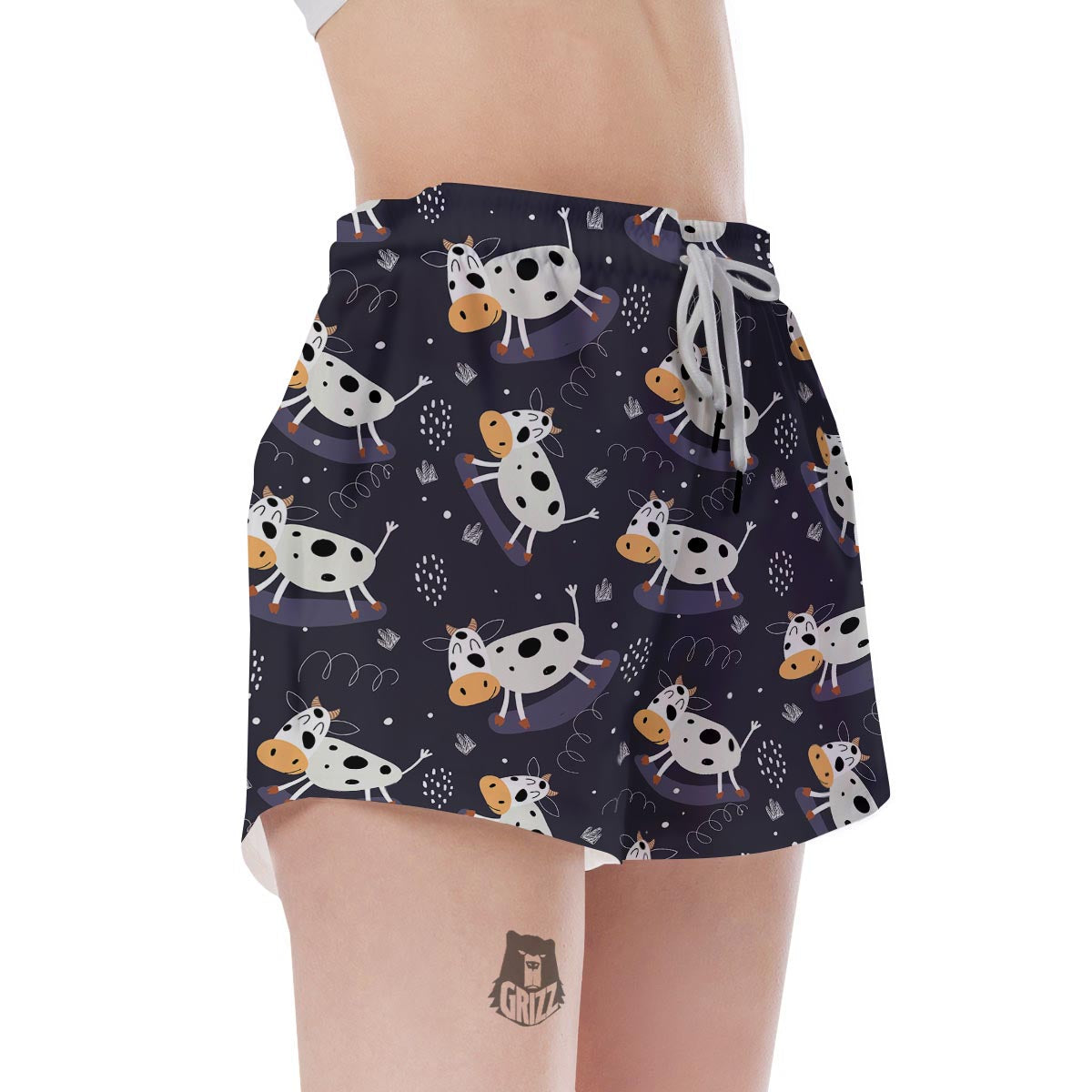 Black Cartoon Cow Print Women's Shorts-grizzshop