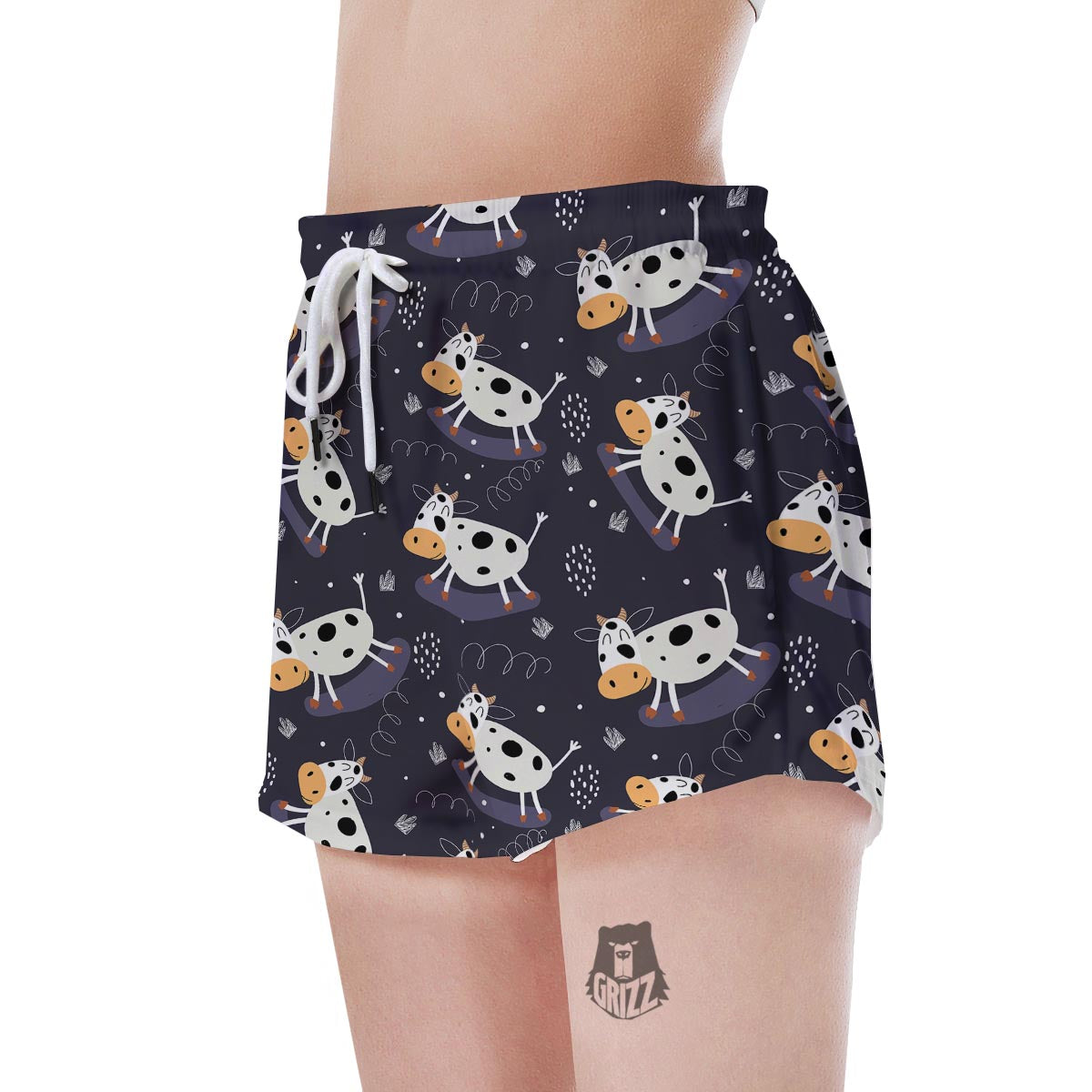 Black Cartoon Cow Print Women's Shorts-grizzshop