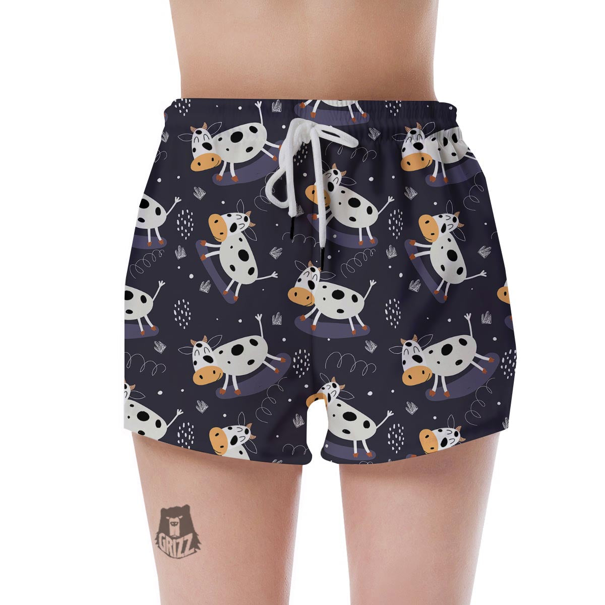 Black Cartoon Cow Print Women's Shorts-grizzshop