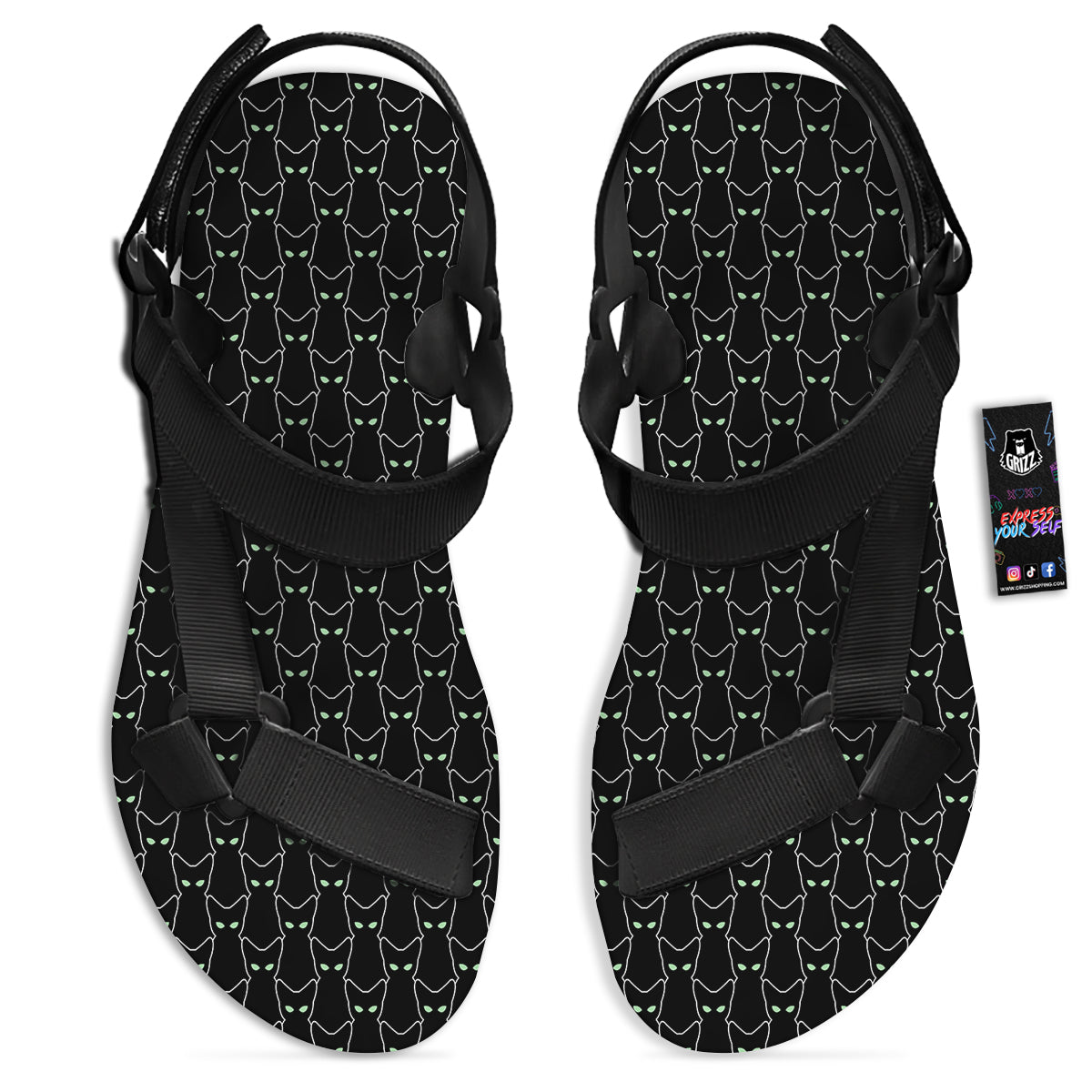 Black Cat Alien Print Pattern Black Open Toe Sandals-grizzshop