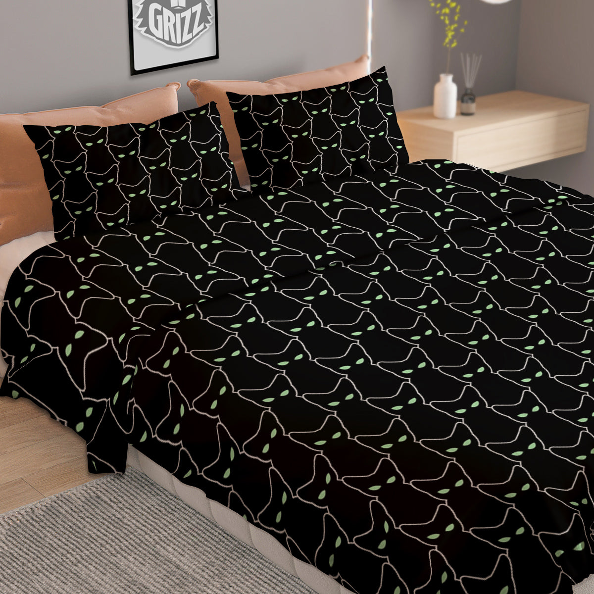 Black Cat Alien Print Pattern Duvet Cover Bedding Set