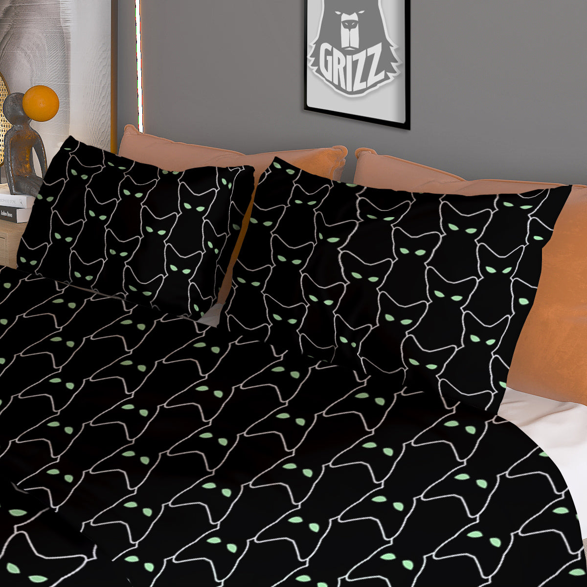 Black Cat Alien Print Pattern Duvet Cover Bedding Set