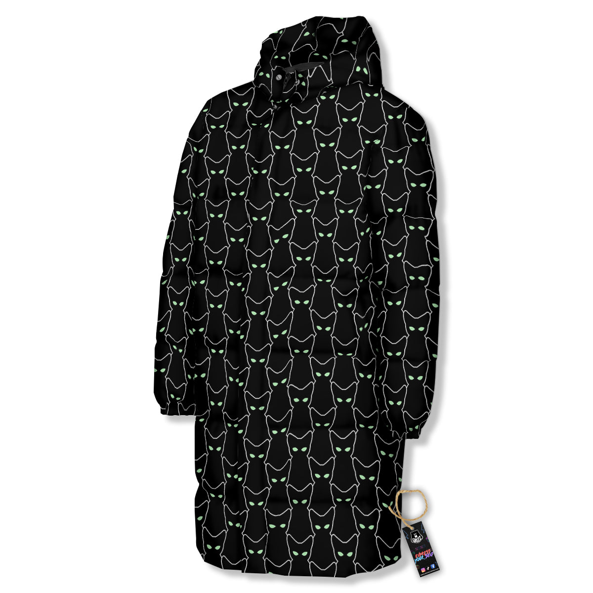 Black Cat Alien Print Pattern Long Down Jacket-grizzshop