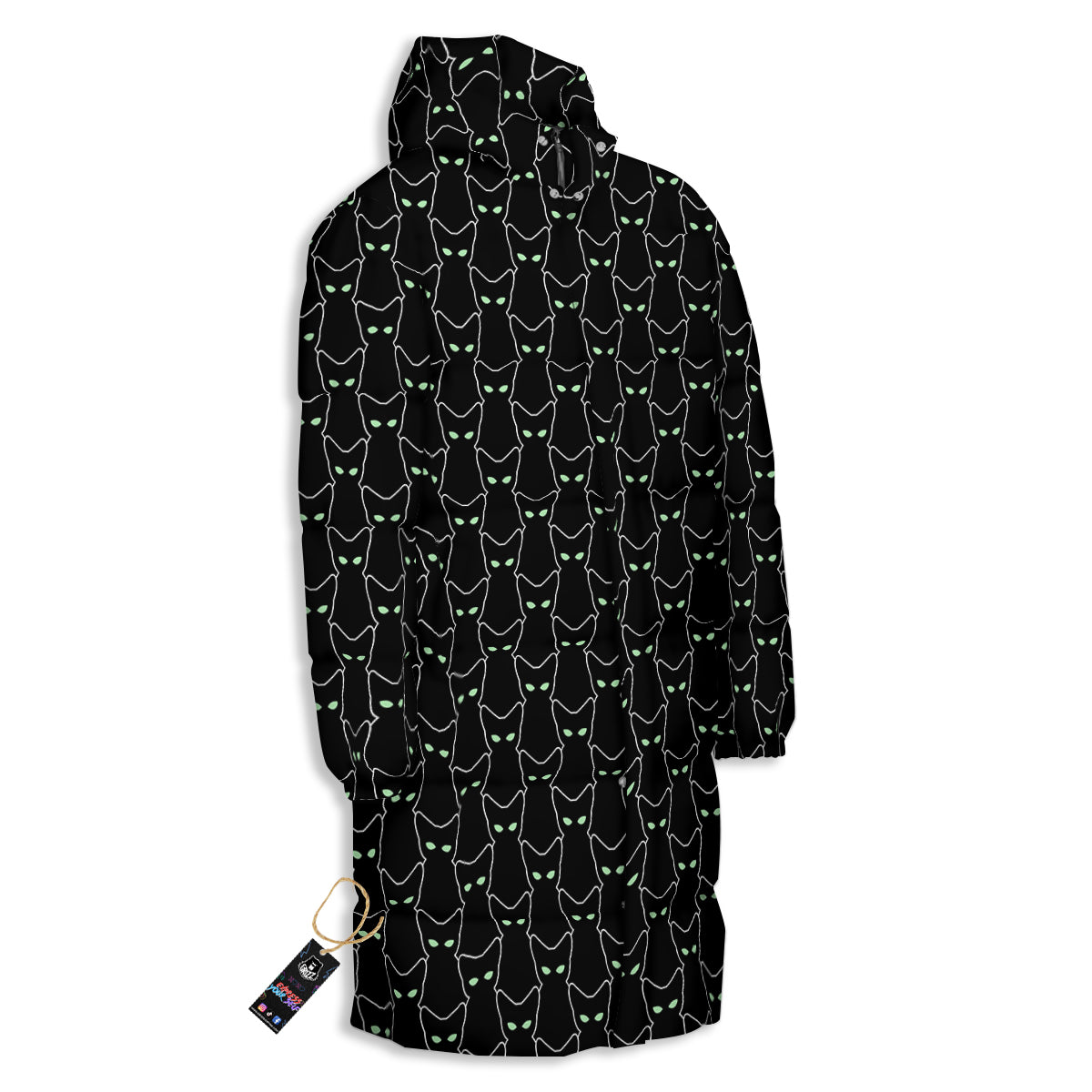 Black Cat Alien Print Pattern Long Down Jacket-grizzshop