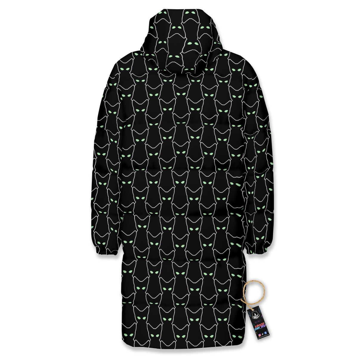 Black Cat Alien Print Pattern Long Down Jacket-grizzshop
