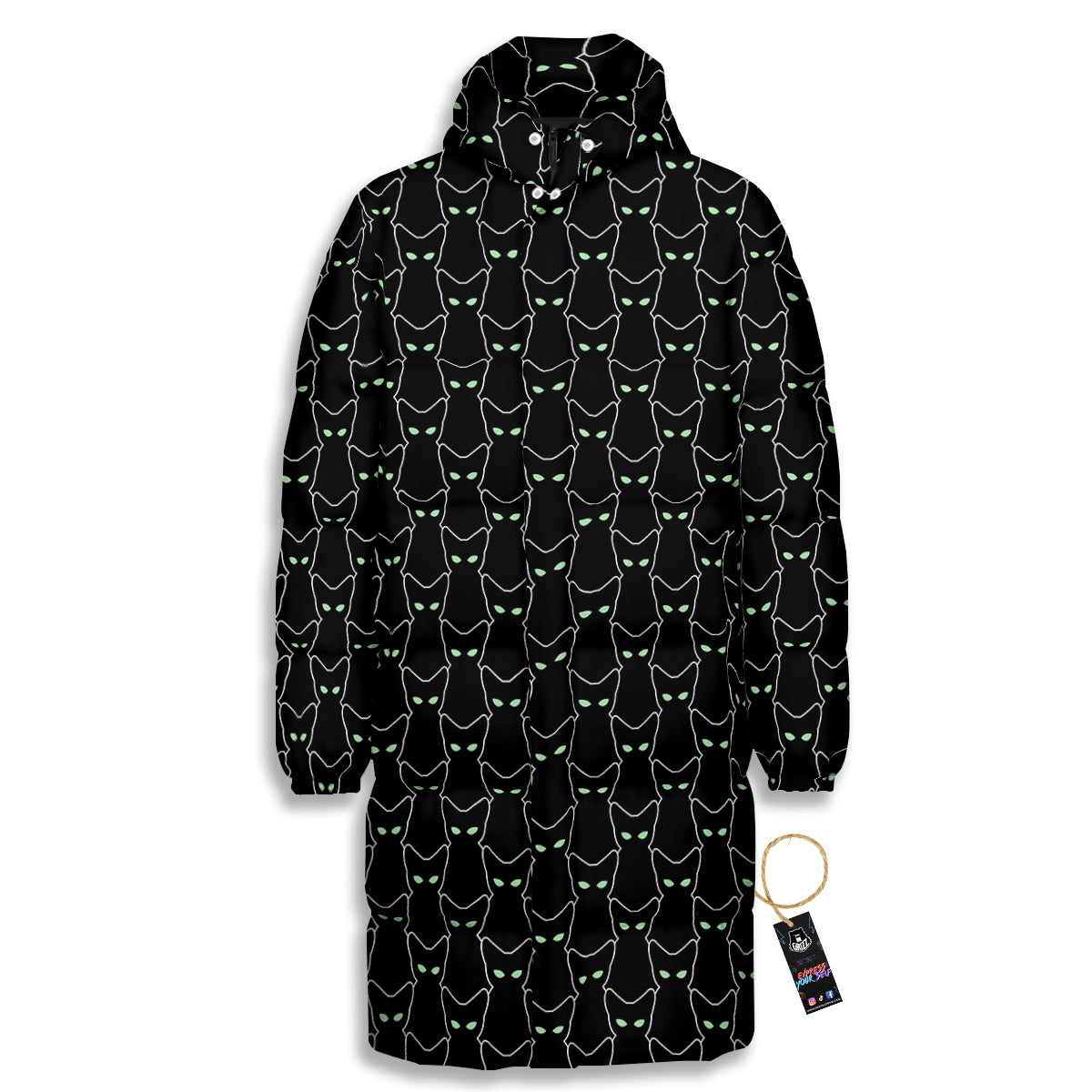 Black Cat Alien Print Pattern Long Down Jacket-grizzshop