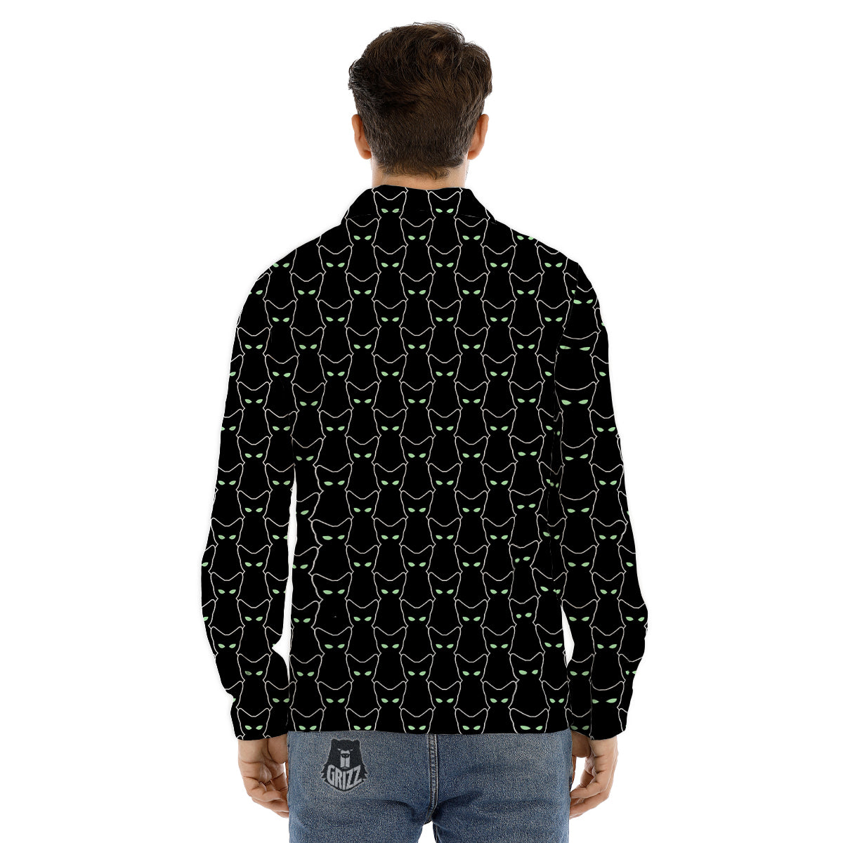 Black Cat Alien Print Pattern Men's Dress Shirts-grizzshop