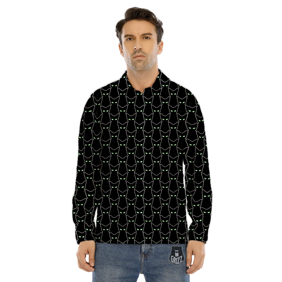 Black Cat Alien Print Pattern Men's Dress Shirts-grizzshop
