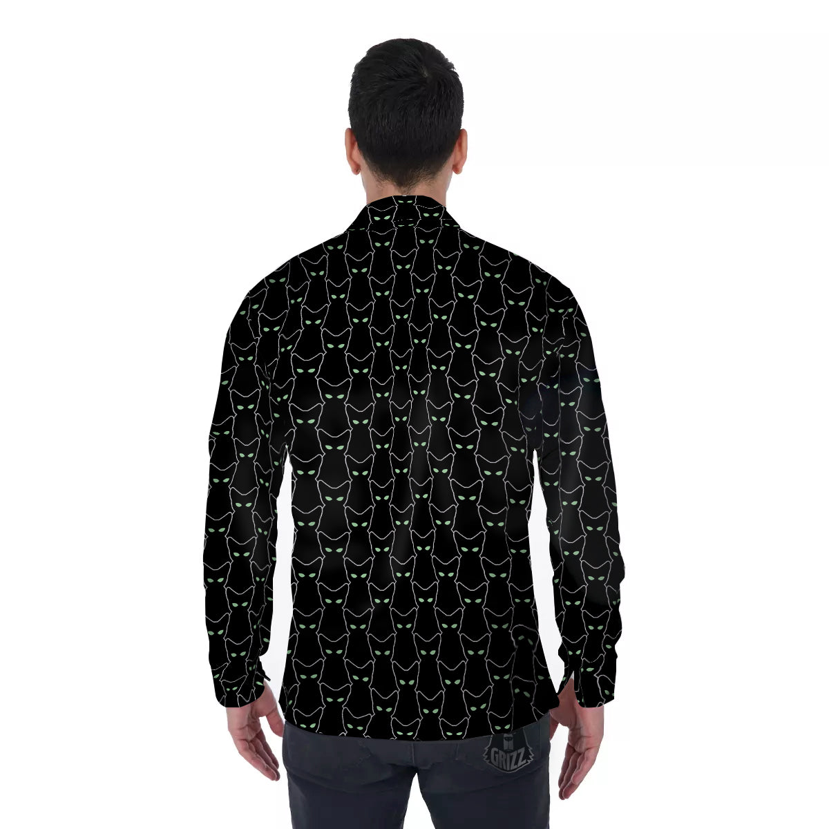 Black Cat Alien Print Pattern Men's Long Sleeve Shirts-grizzshop