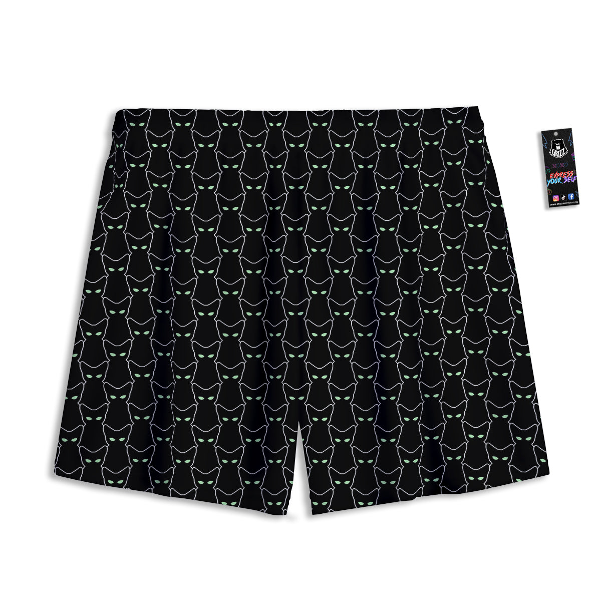 Black Cat Alien Print Pattern Mesh Shorts-grizzshop