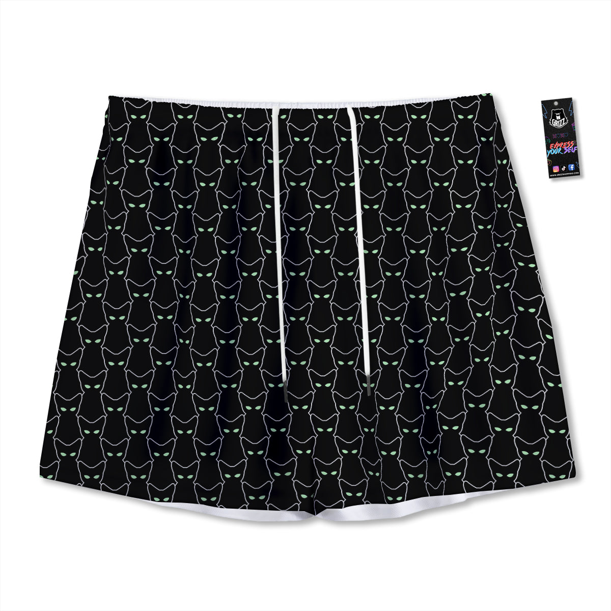 Black Cat Alien Print Pattern Mesh Shorts-grizzshop