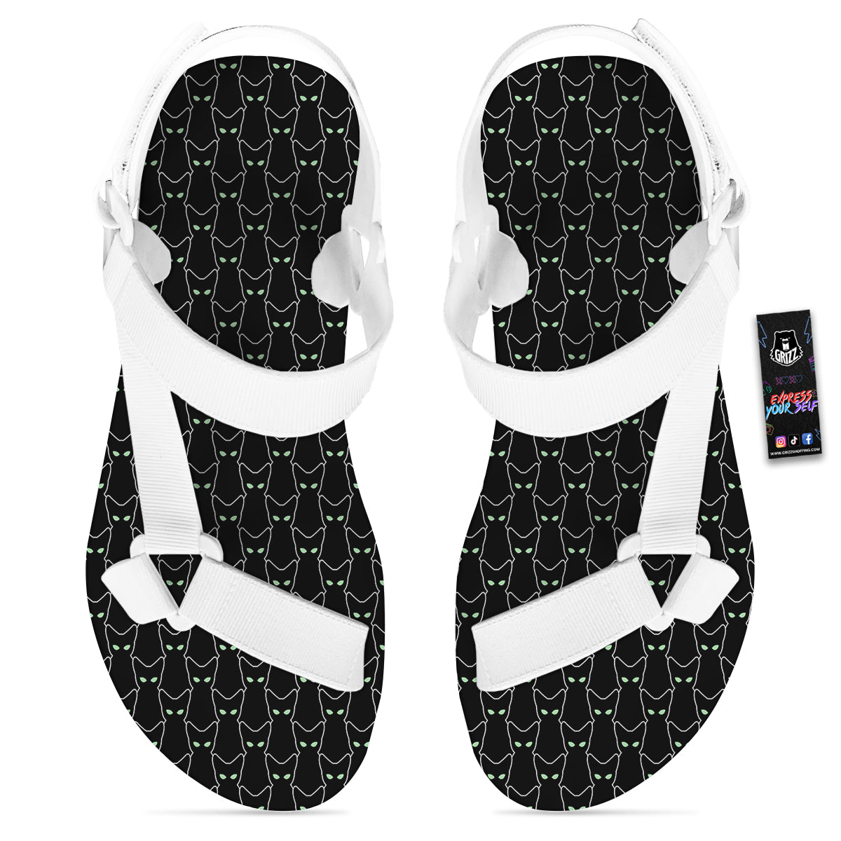 Black Cat Alien Print Pattern White Open Toe Sandals-grizzshop