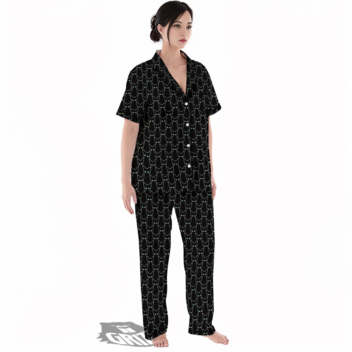 Black Cat Alien Print Pattern Women's Pajamas Set-grizzshop