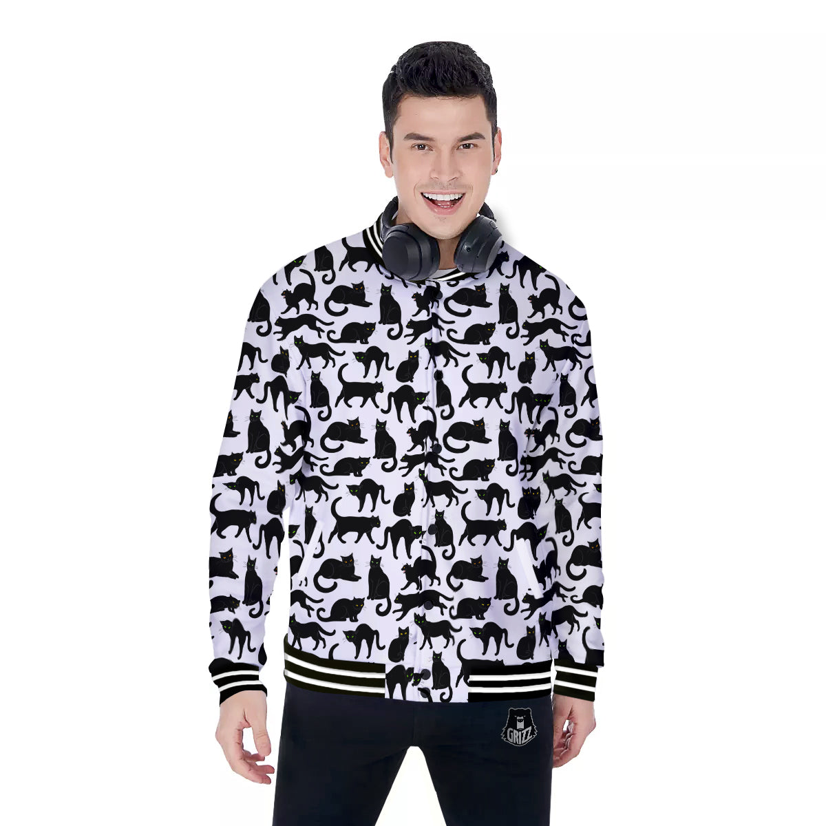 Black Cat And White Print Pattern Baseball Jacket-grizzshop