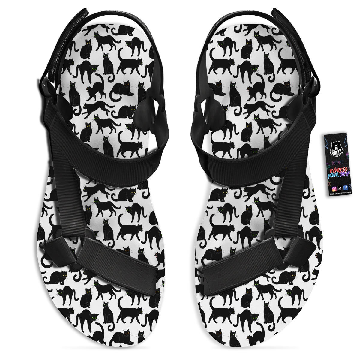 Black Cat And White Print Pattern Black Open Toe Sandals-grizzshop