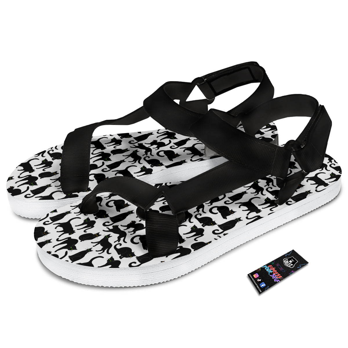 Black Cat And White Print Pattern Black Open Toe Sandals-grizzshop