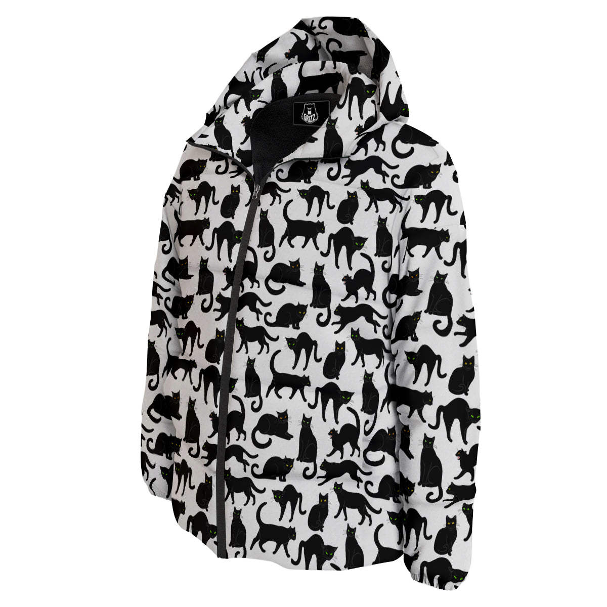 Black Cat And White Print Pattern Down Jacket-grizzshop