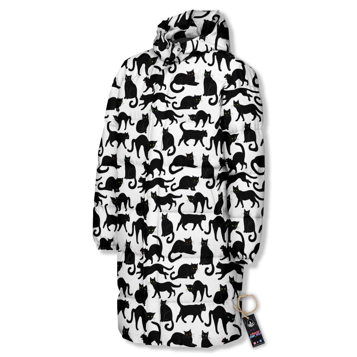 Black Cat And White Print Pattern Long Down Jacket-grizzshop