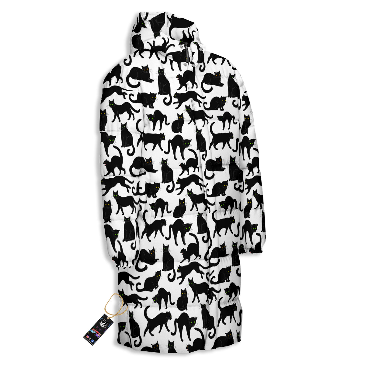 Black Cat And White Print Pattern Long Down Jacket-grizzshop
