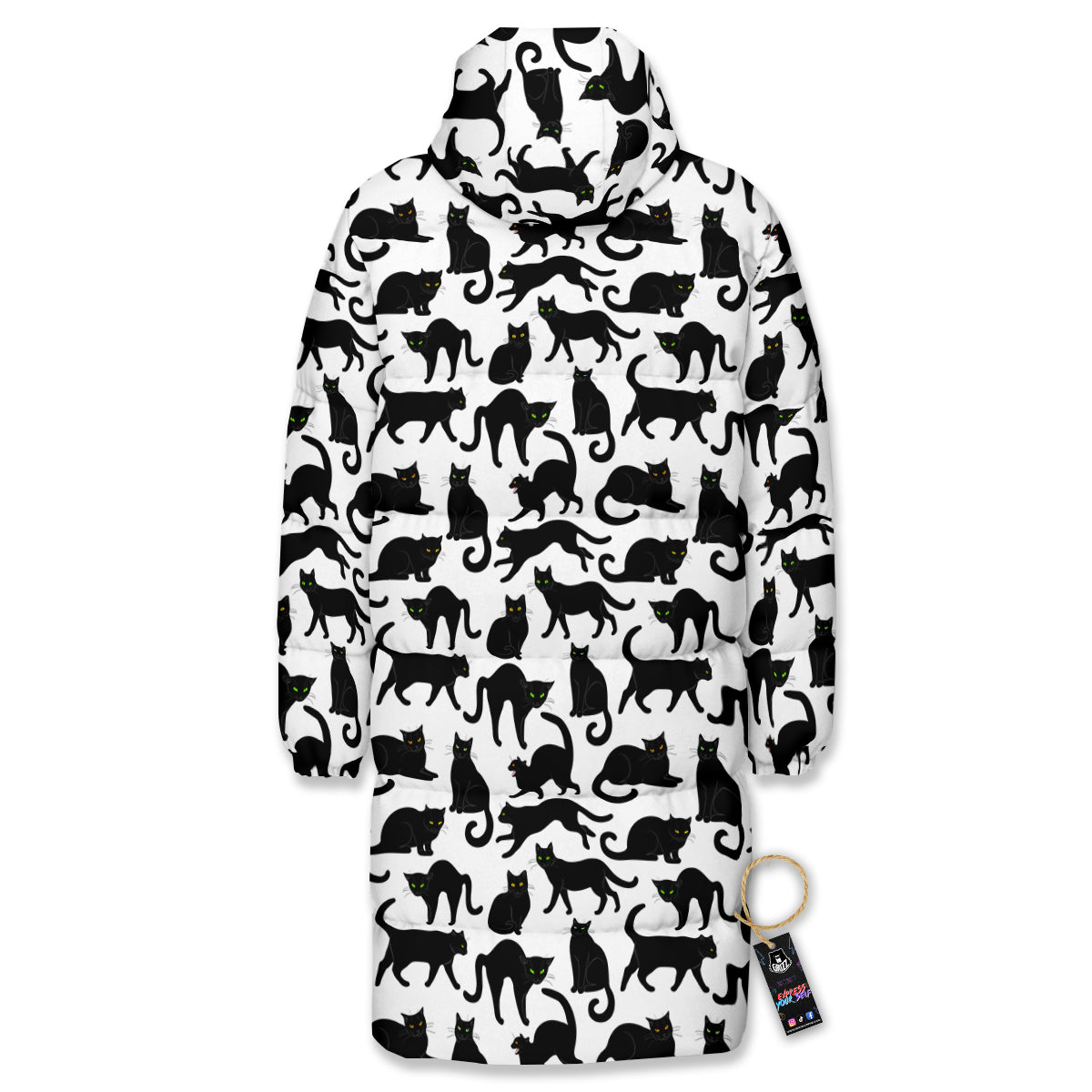 Black Cat And White Print Pattern Long Down Jacket-grizzshop