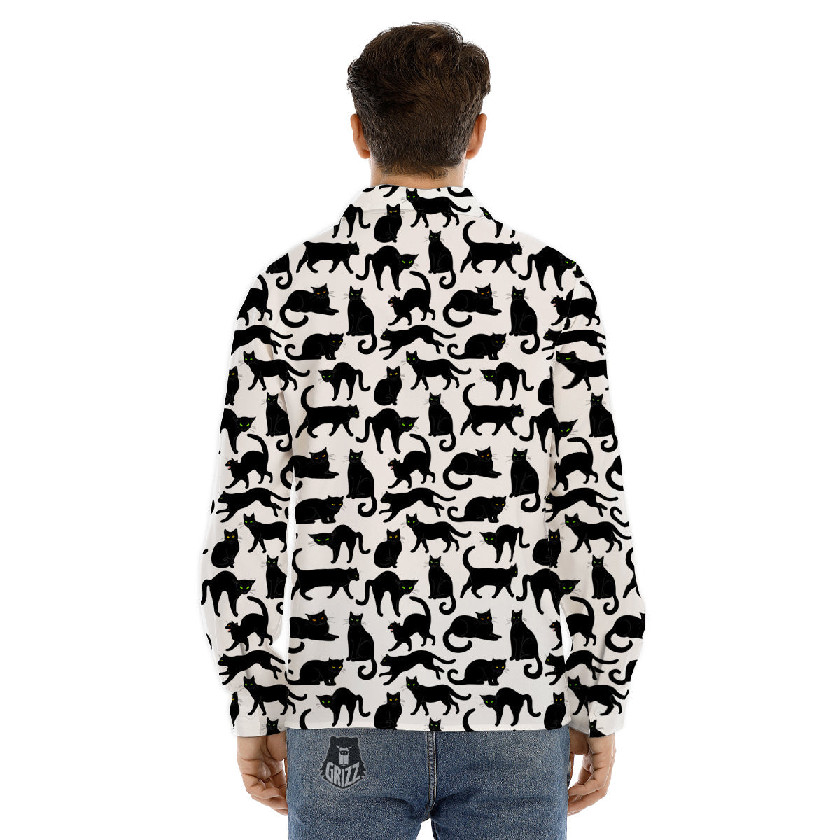 Black Cat And White Print Pattern Men's Dress Shirts-grizzshop
