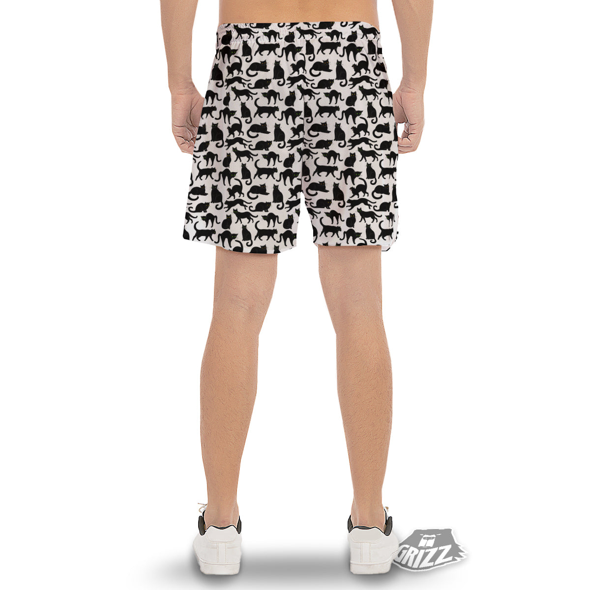 Black Cat And White Print Pattern Men's Gym Shorts-grizzshop