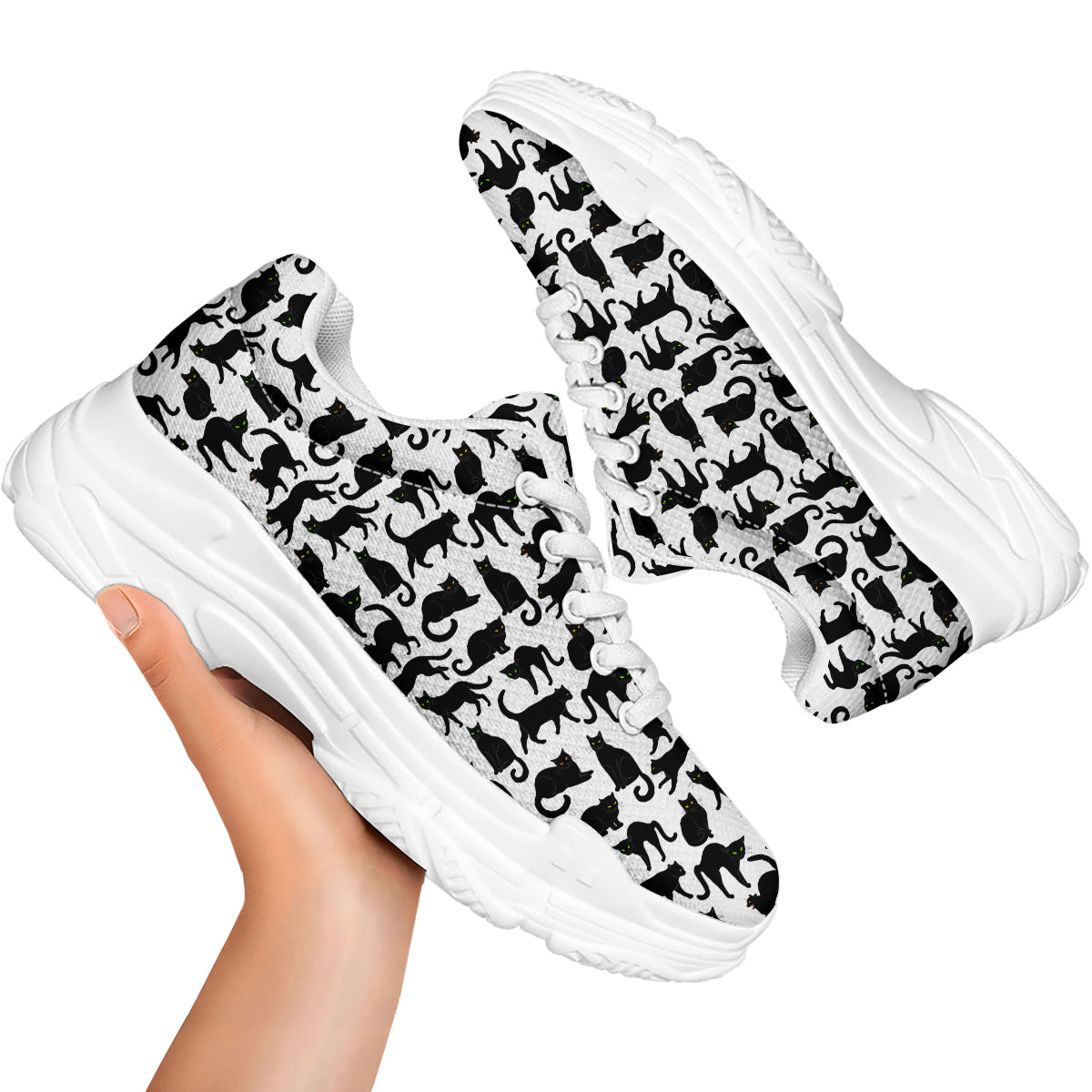 Black Cat And White Print Pattern White Chunky Shoes-grizzshop