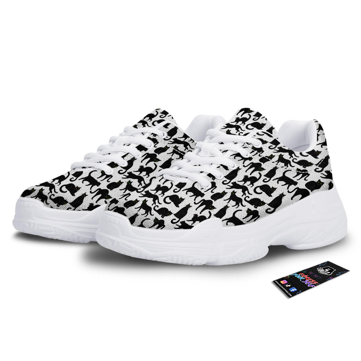 Black Cat And White Print Pattern White Chunky Shoes-grizzshop