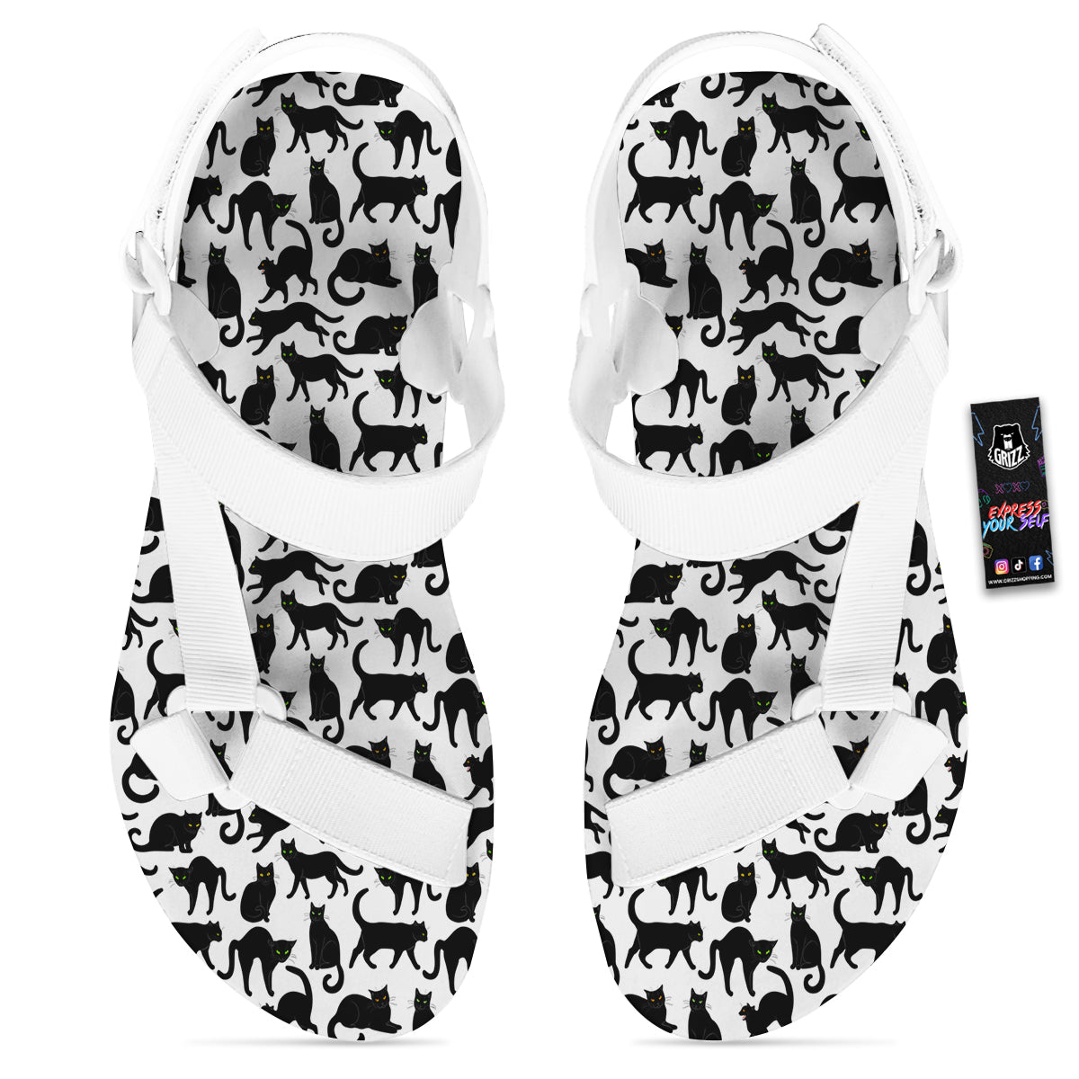 Black Cat And White Print Pattern White Open Toe Sandals-grizzshop