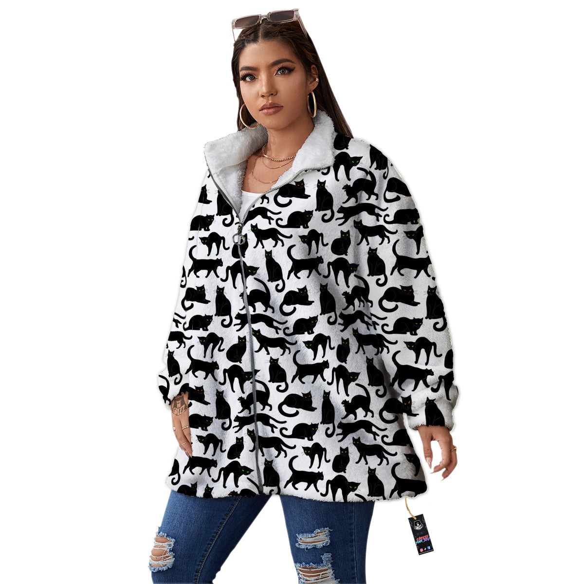 Black Cat And White Print Pattern Women's Sherpa Jacket-grizzshop