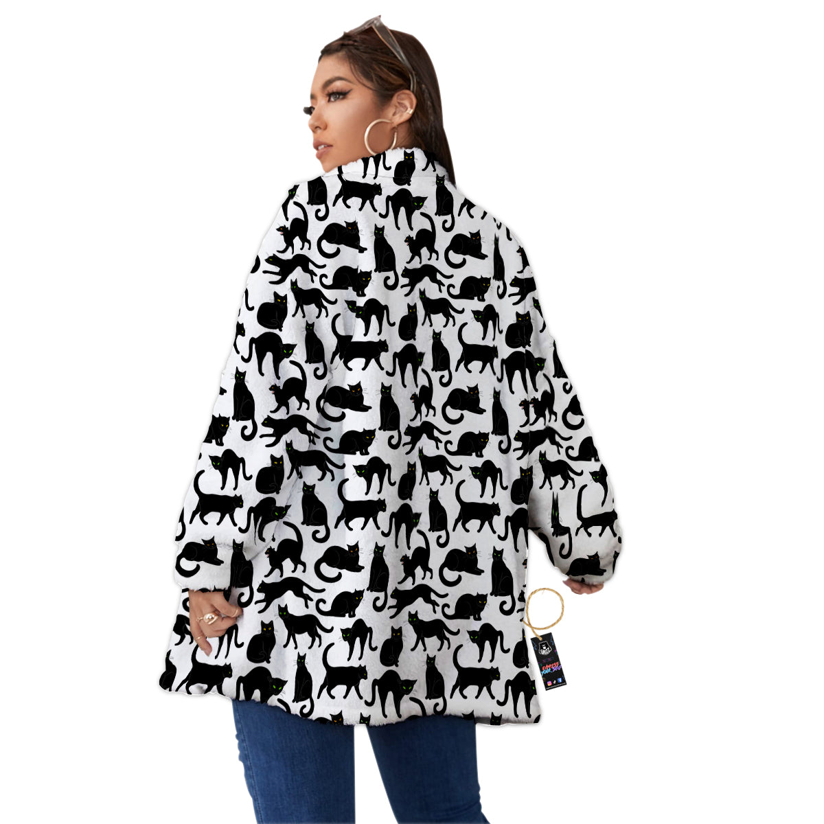 Black Cat And White Print Pattern Women's Sherpa Jacket-grizzshop