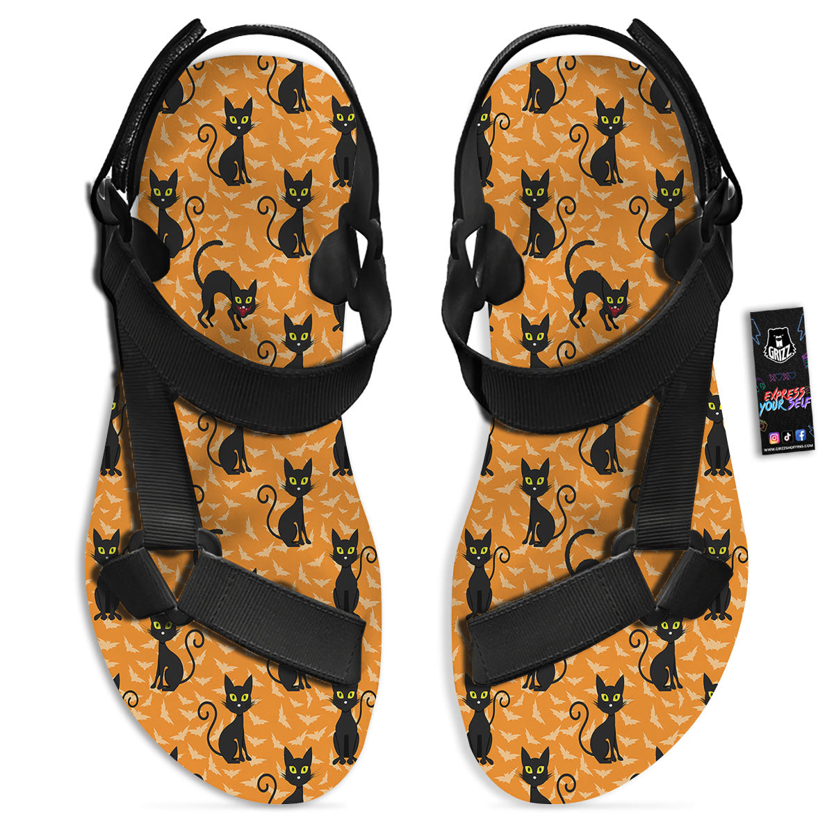 Black Cat Halloween Print Pattern Black Open Toe Sandals-grizzshop