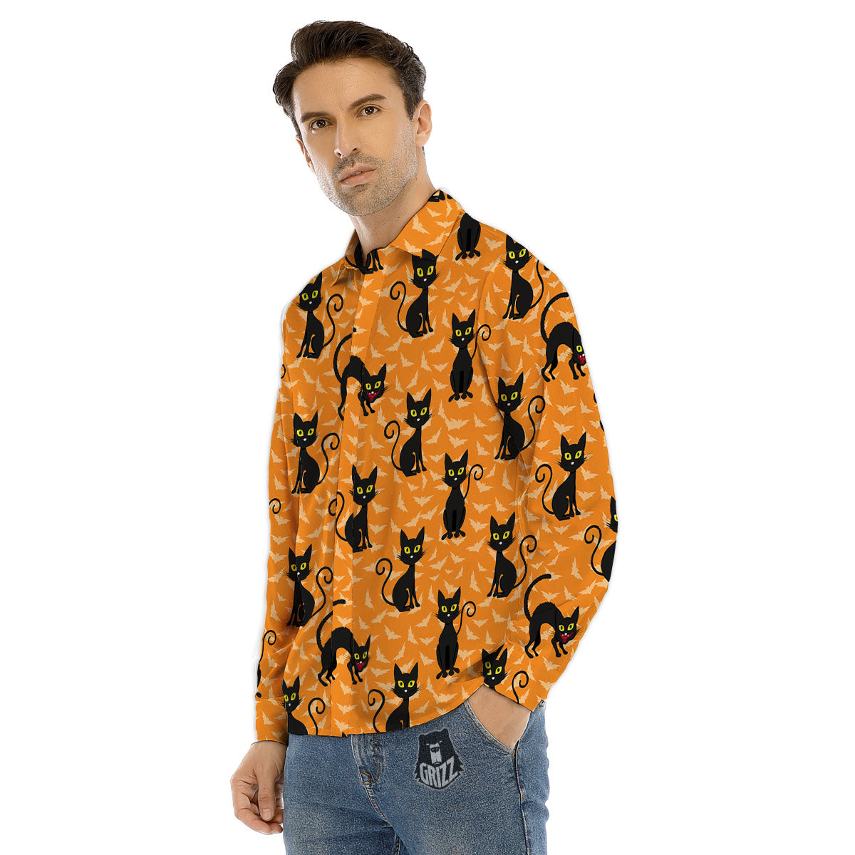 Black Cat Halloween Print Pattern Men's Dress Shirts-grizzshop