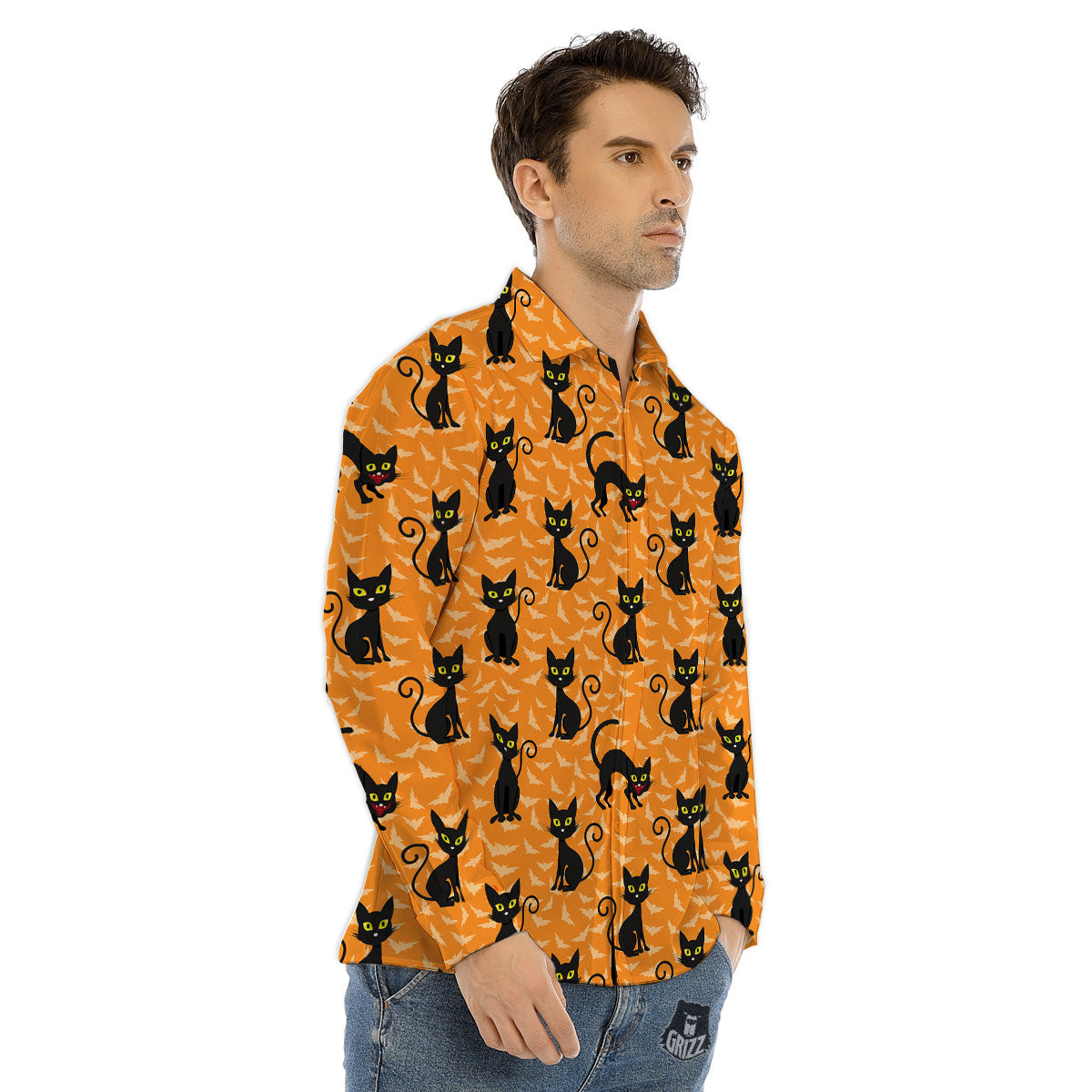Black Cat Halloween Print Pattern Men's Dress Shirts-grizzshop