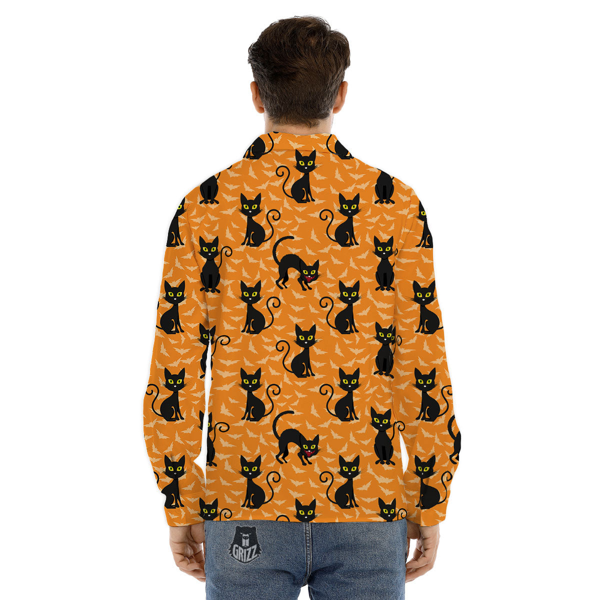 Black Cat Halloween Print Pattern Men's Dress Shirts-grizzshop