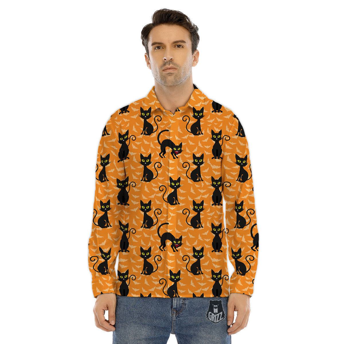 Black Cat Halloween Print Pattern Men's Dress Shirts-grizzshop
