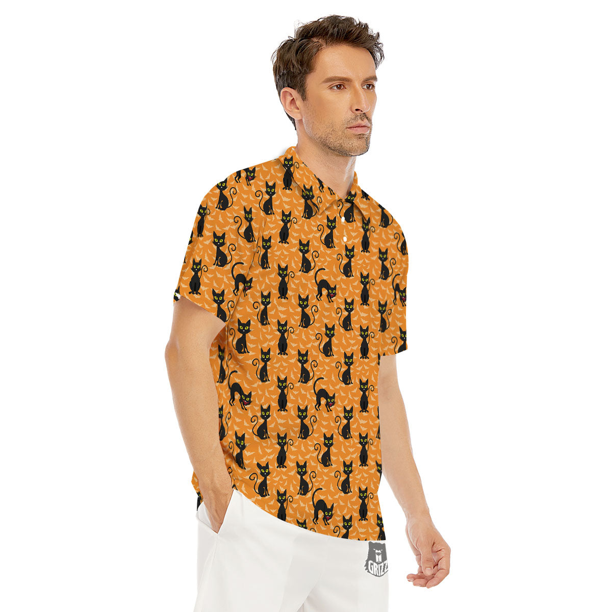 Black Cat Halloween Print Pattern Men's Golf Shirts-grizzshop
