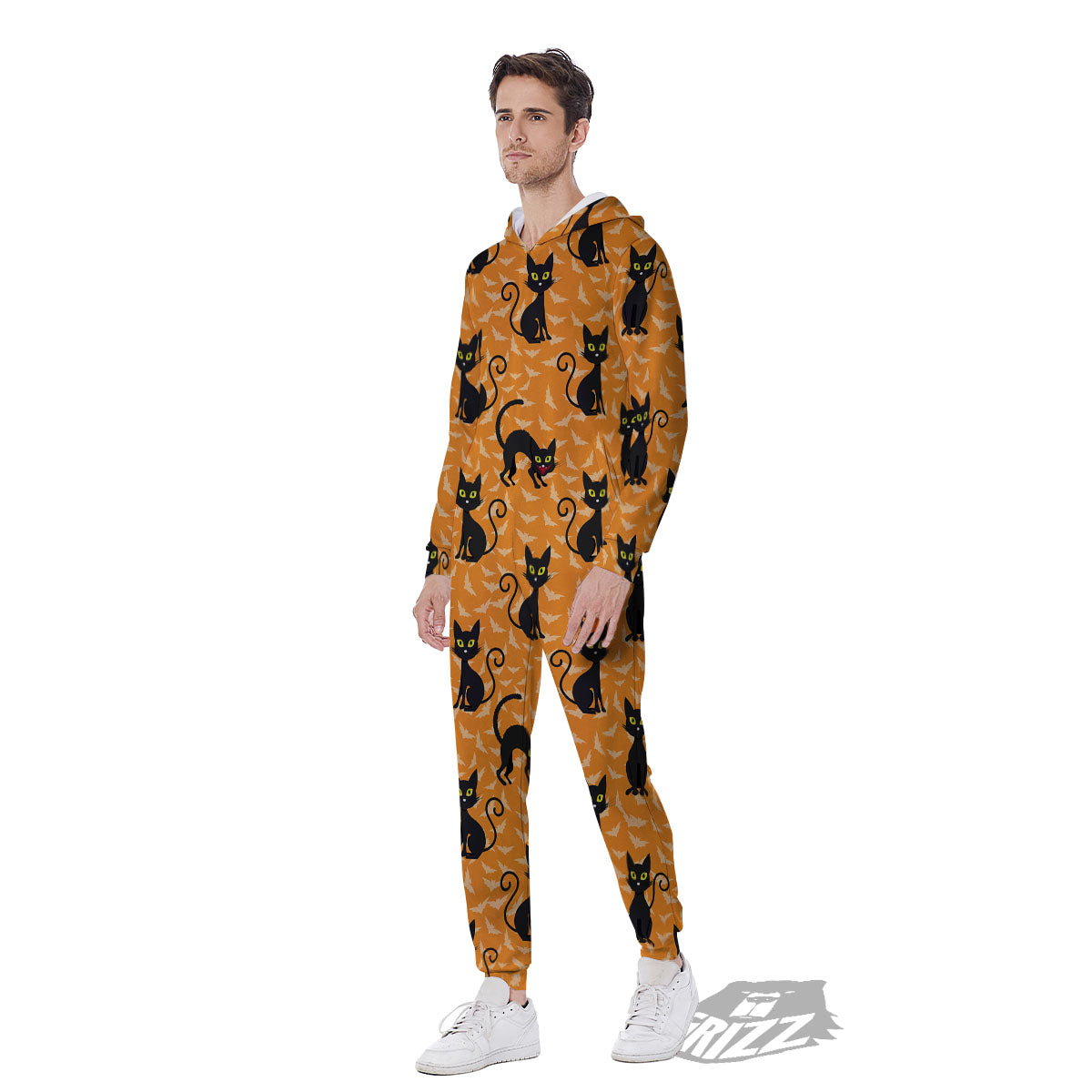 Black Cat Halloween Print Pattern Men's Jumpsuit-grizzshop